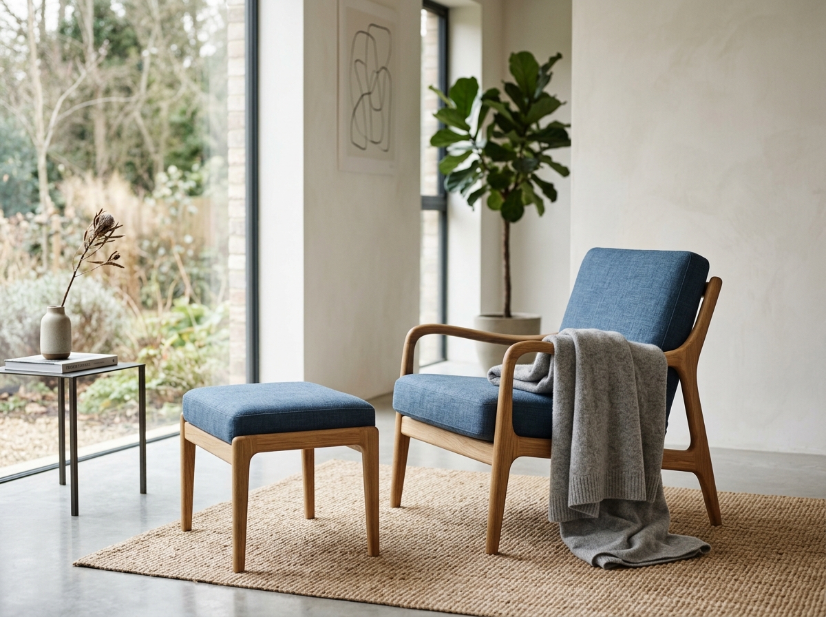 Modern designer armchair with footstool