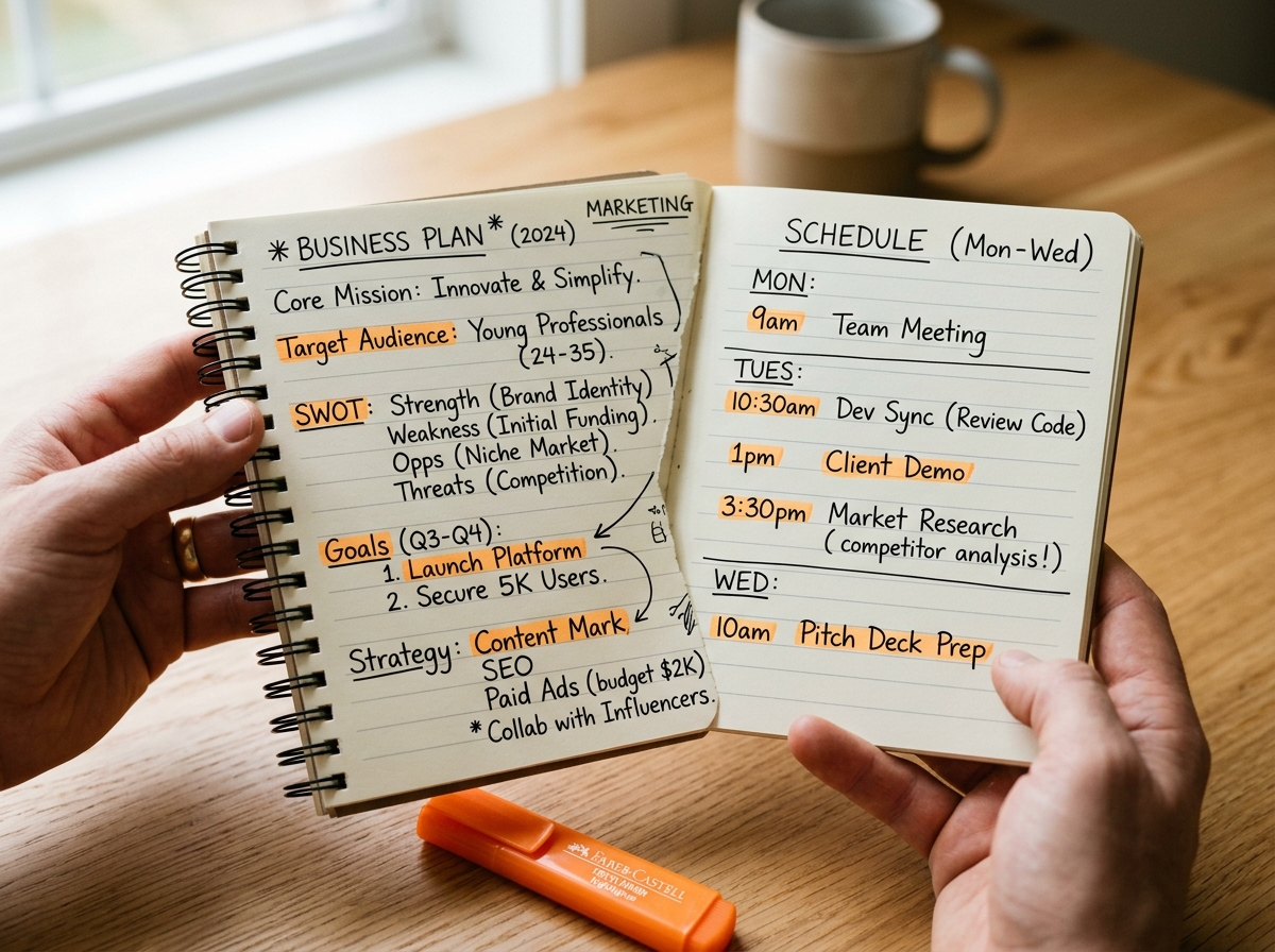 Business plan sketch and strategy notebook
